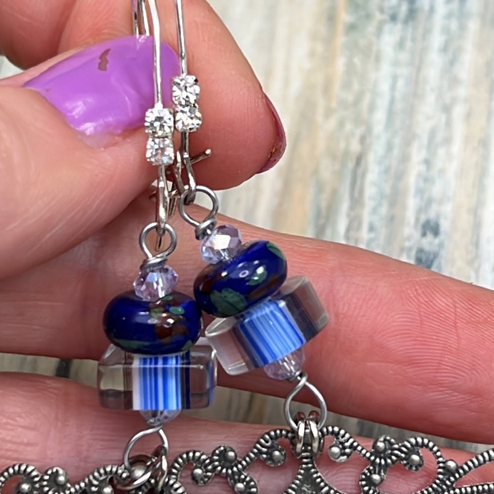 Adorned Crown Artisan Assemblage blue bead filigree chandelier earrings
