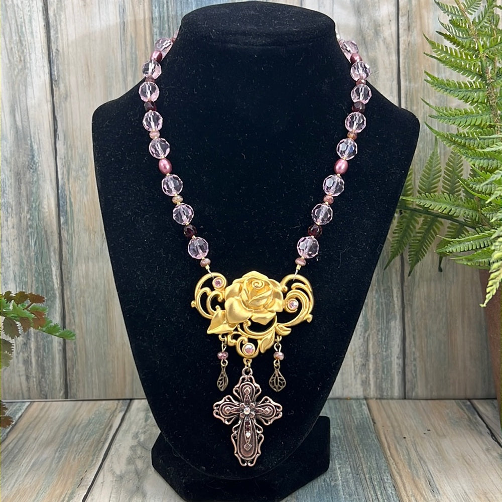 Adorned Crown Artisan Assemblage pink crystal golden rose cross necklace