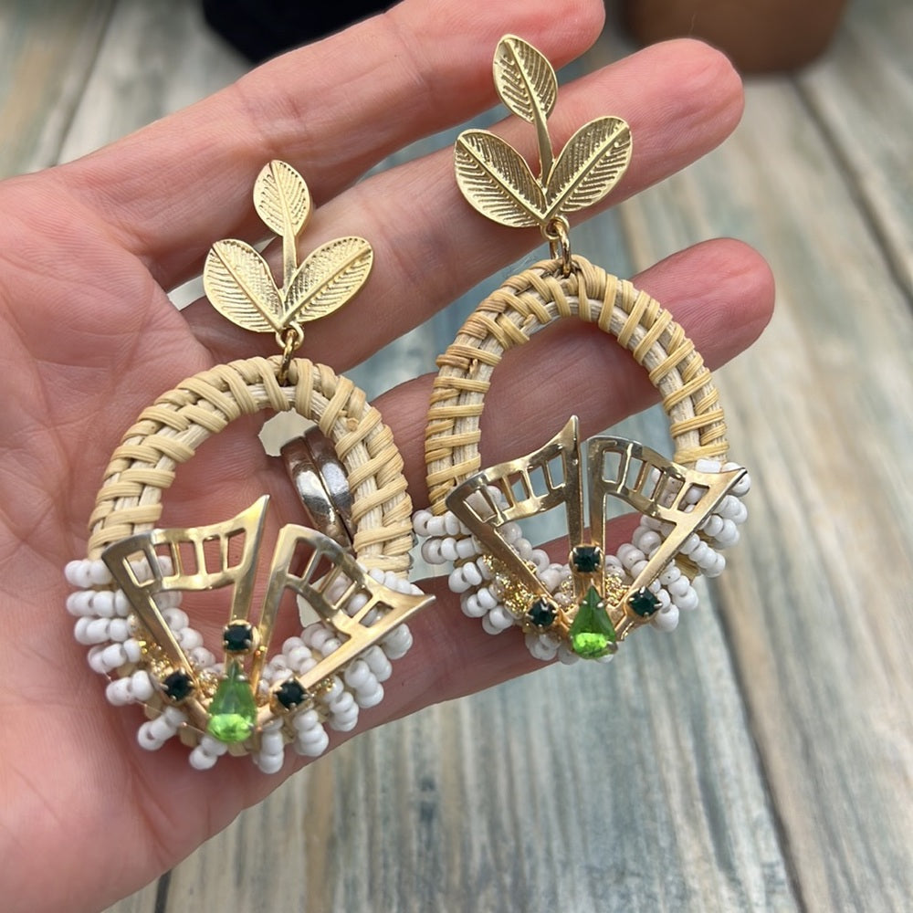 Adorned Crown Artisan Assemblage woven oval green detail leaf post earrings