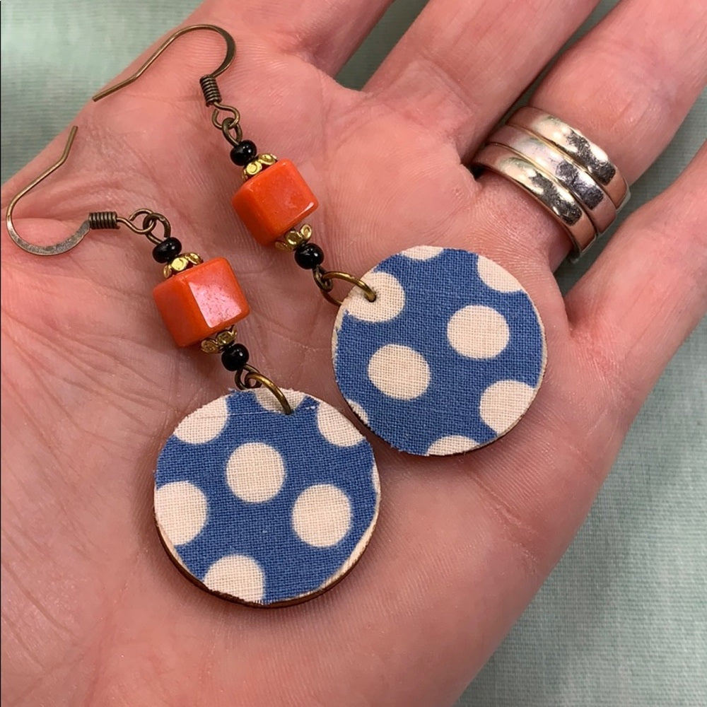 Adorned Crown assemblage vintage fabric wood disc earrings blue orange