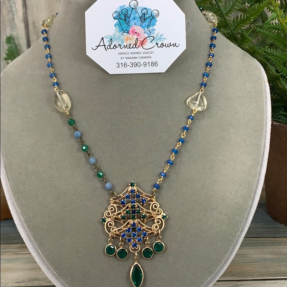 Adorned Crown artisan assemblage green rhinestone drop necklace