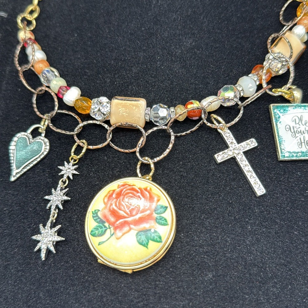 Adorned Crown Jewelry assemblage bless your heart rose locket charm necklace
