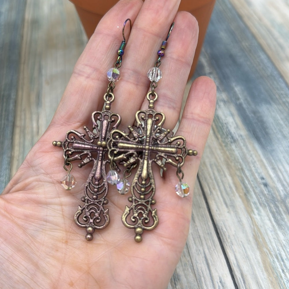Adorned Crown Jewelry assemblage patina cross and crystal Earrings