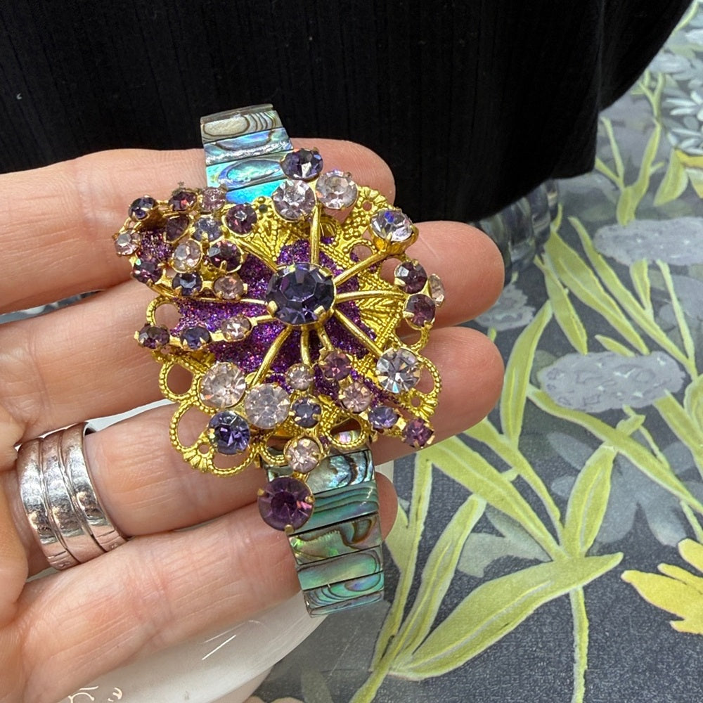 Adorned Crown Jewelry assemblage amethyst rhinestone abalone shell bracelet