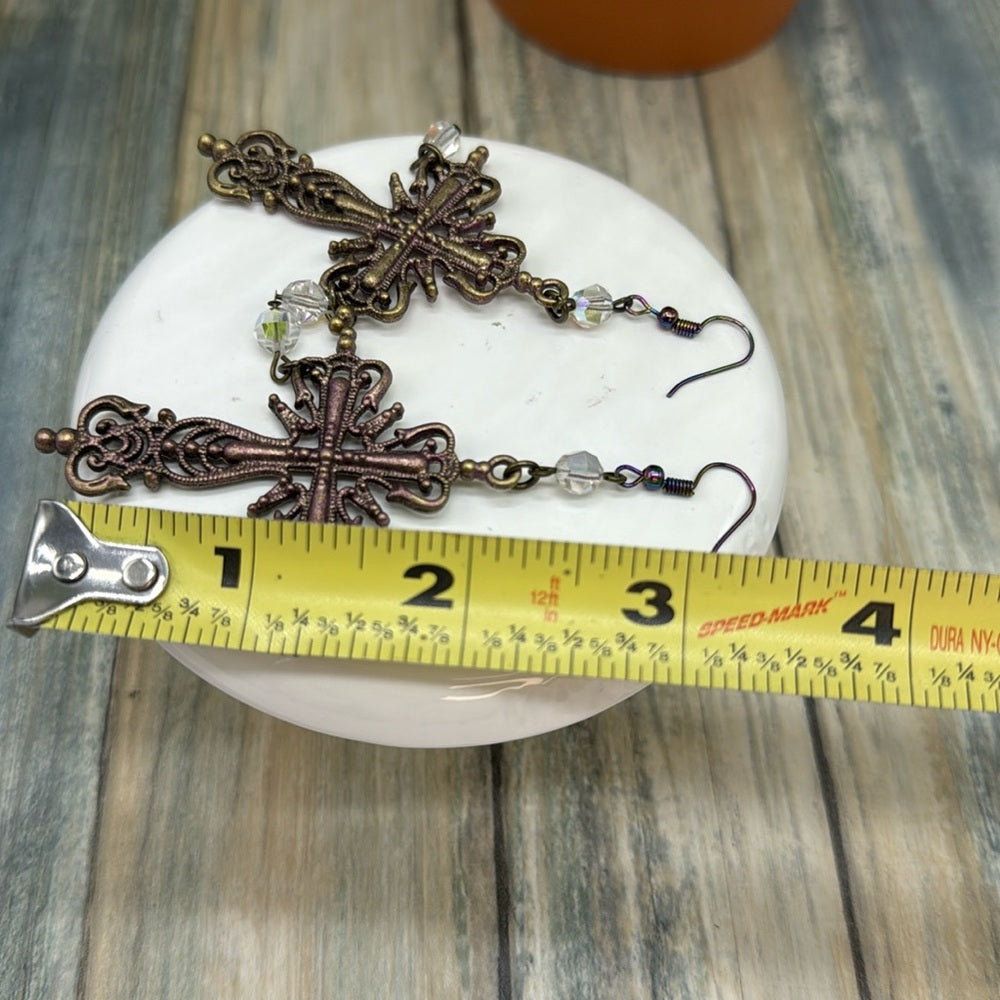 Adorned Crown Jewelry assemblage patina cross and crystal Earrings