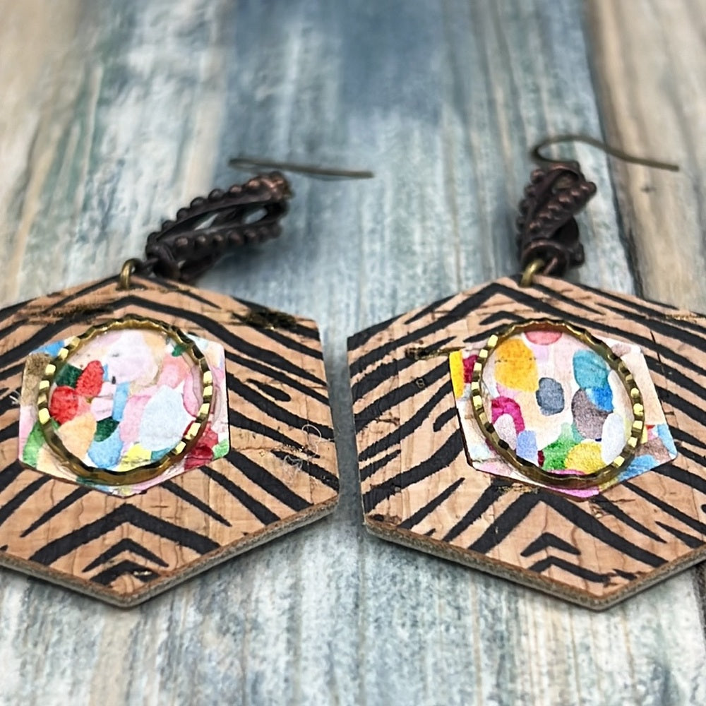 Adorned Crown Artisan Assemblage faux leather & metal zebra cork earrings