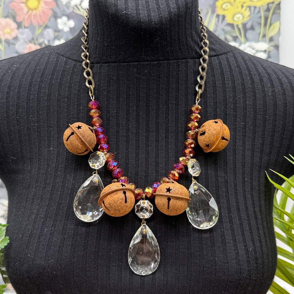 Adorned Crown Jewelry assemblage Christmas rusty jingle bell crystal necklace