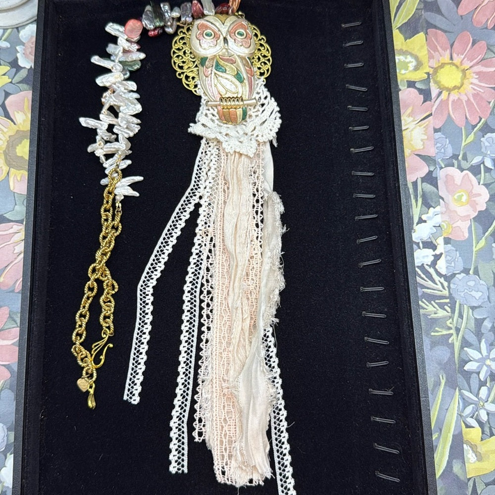 Adorned Crown Jewelry assemblage enamel owl tassel pearl boho long necklace