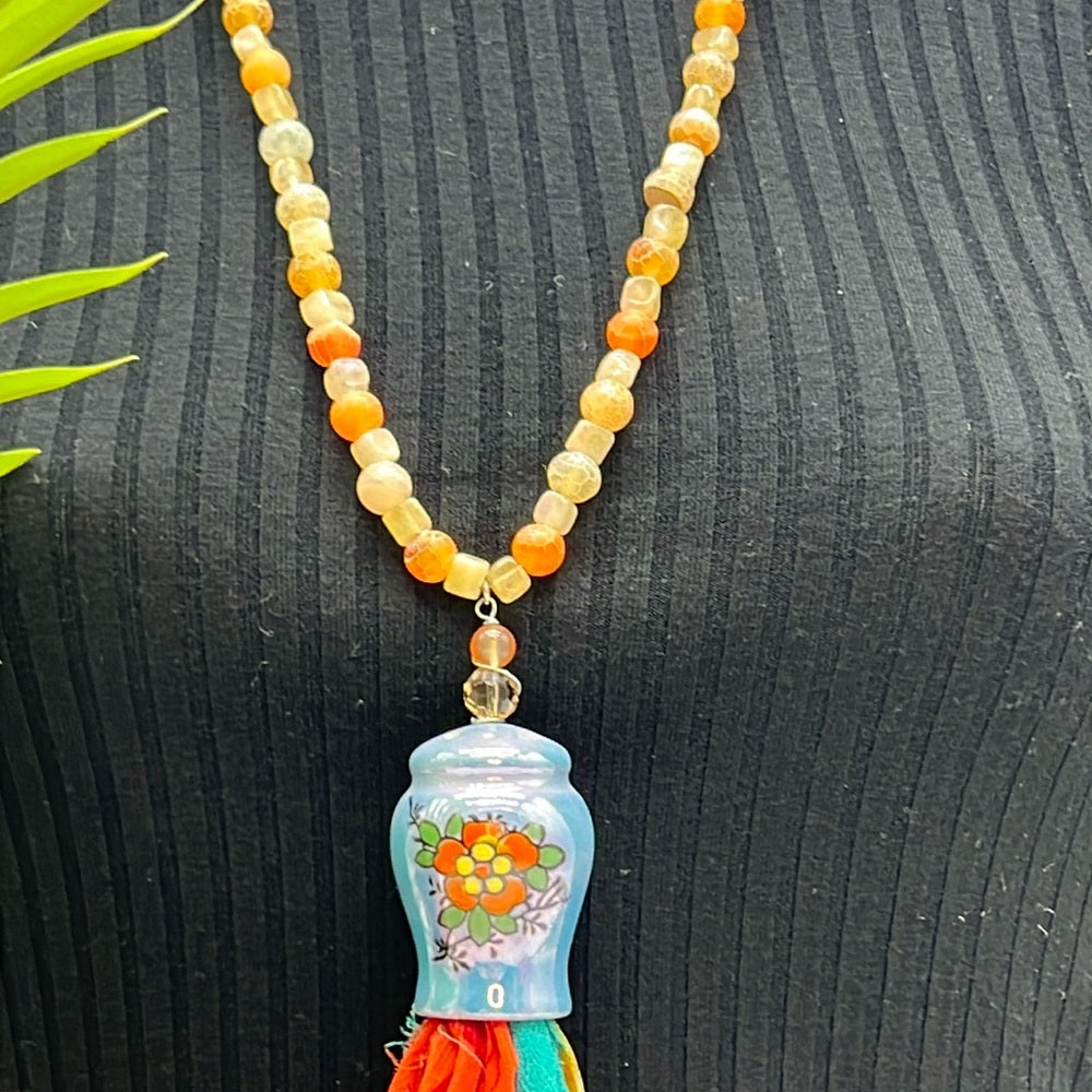 Adorned Crown Jewelry assemblage ceramic shaker tassel stone bead necklace
