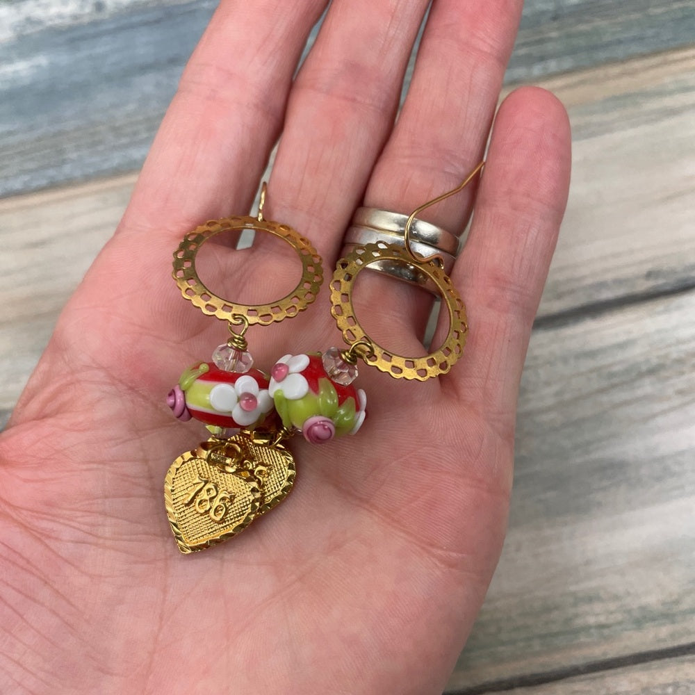 Adorned Crown lamp work floral bead heart charm earrings