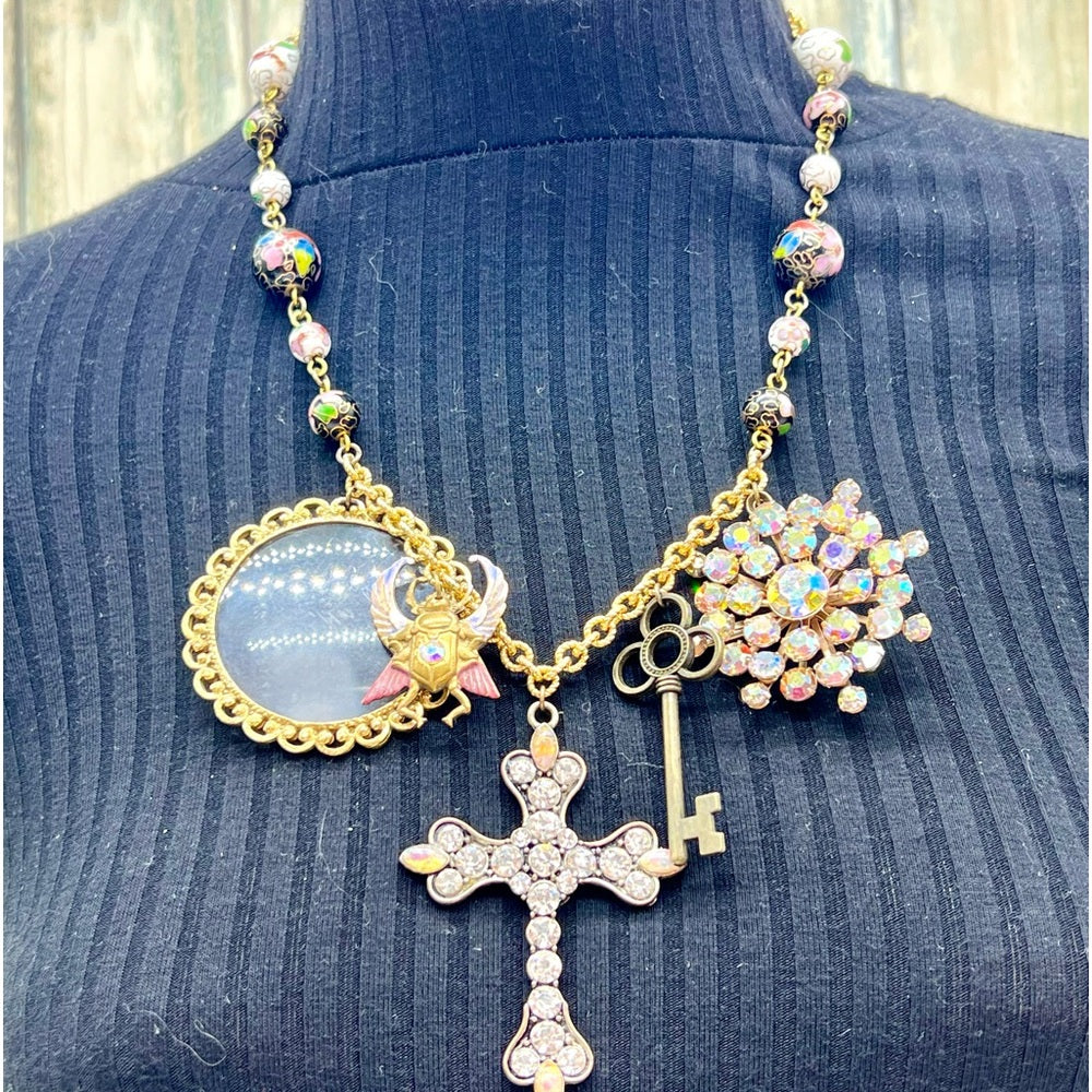 Adorned Crown Jewelry assemblage rhinestone cross eyeglass scarab necklace