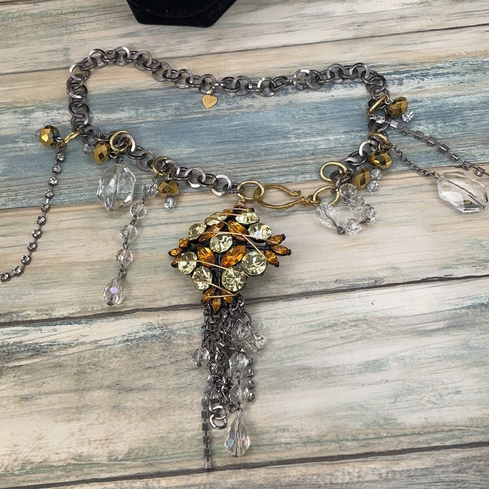 Adorned Crown Artisan Assemblage rhinestone bling drops of gold necklace