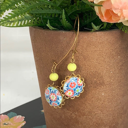 Adorned Crown Artisan assemblage Floral drop yellow bead earrings