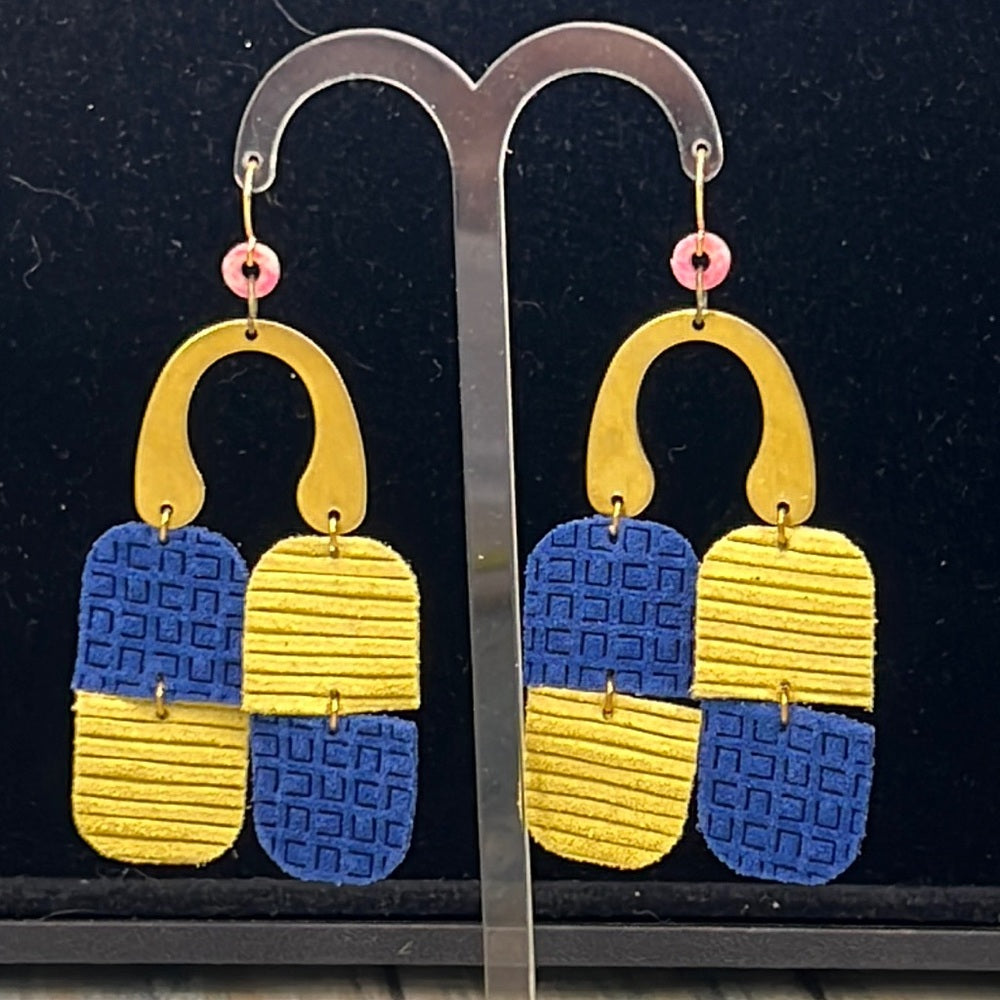Adorned Crown leather color block yellow blue arc earrings
