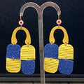 Adorned Crown leather color block yellow blue arc earrings