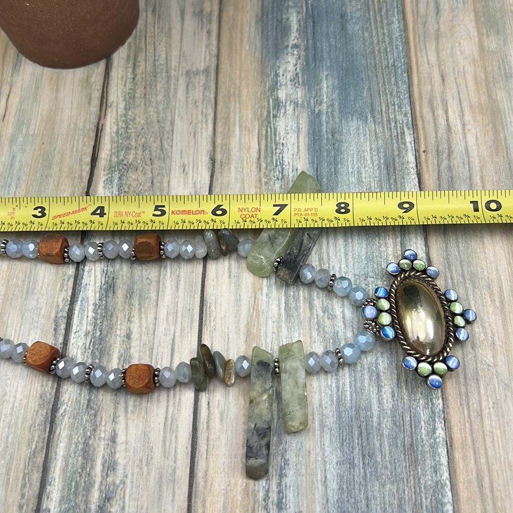 Adorned Crown Artisan Assemblage silver pendant blue green quartz necklace