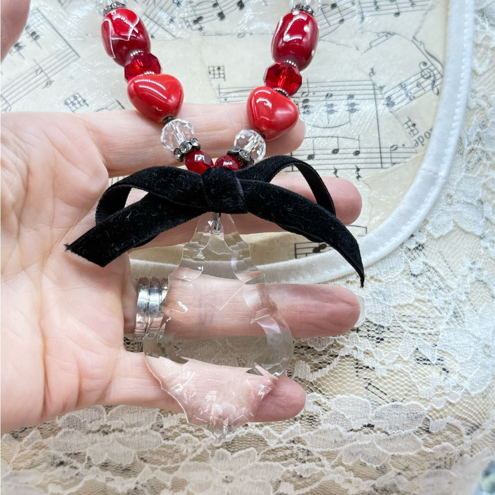 Adorned Crown Jewelry assemblage red heart bead crystal drop ribbon necklace