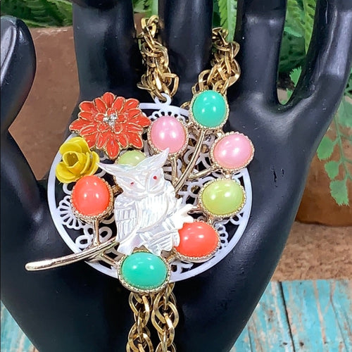 Adorned Crown artisan assemblage flower owl cluster assemblage necklace