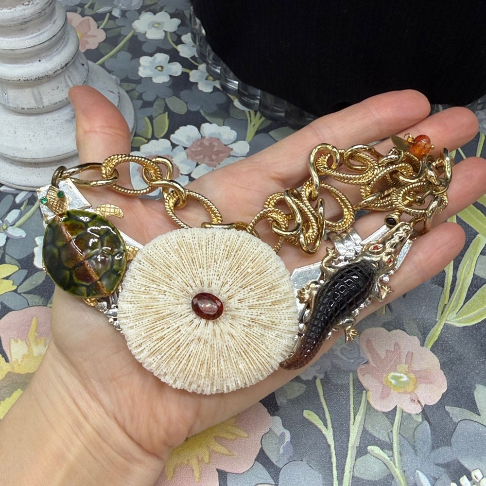 Adorned Crown Jewelry assemblage turtle alligator mushroom coral necklace