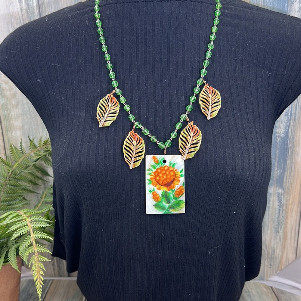 Adorned Crown Artisan Assemblage painted shell leaf autumn color necklace