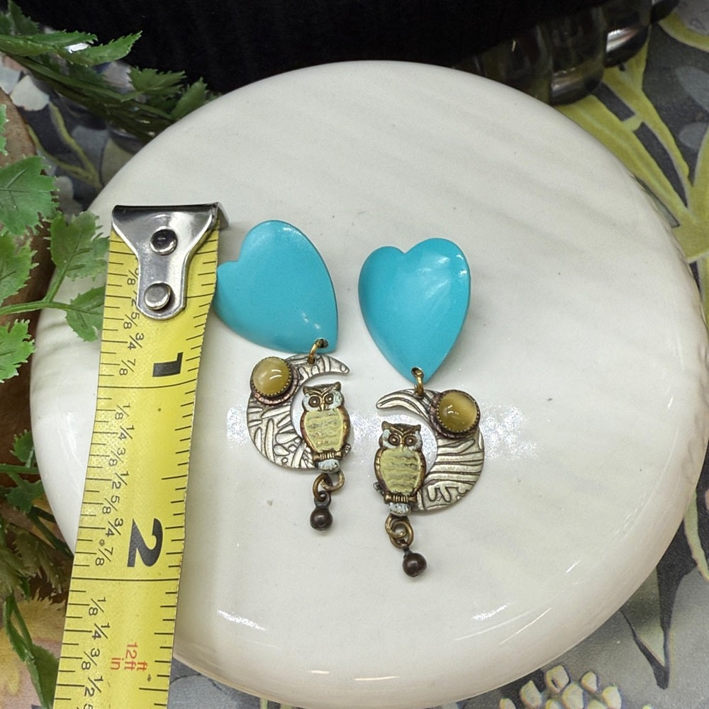 Adorned Crown Jewelry assemblage teal heart enamel owl moon drop post earrings