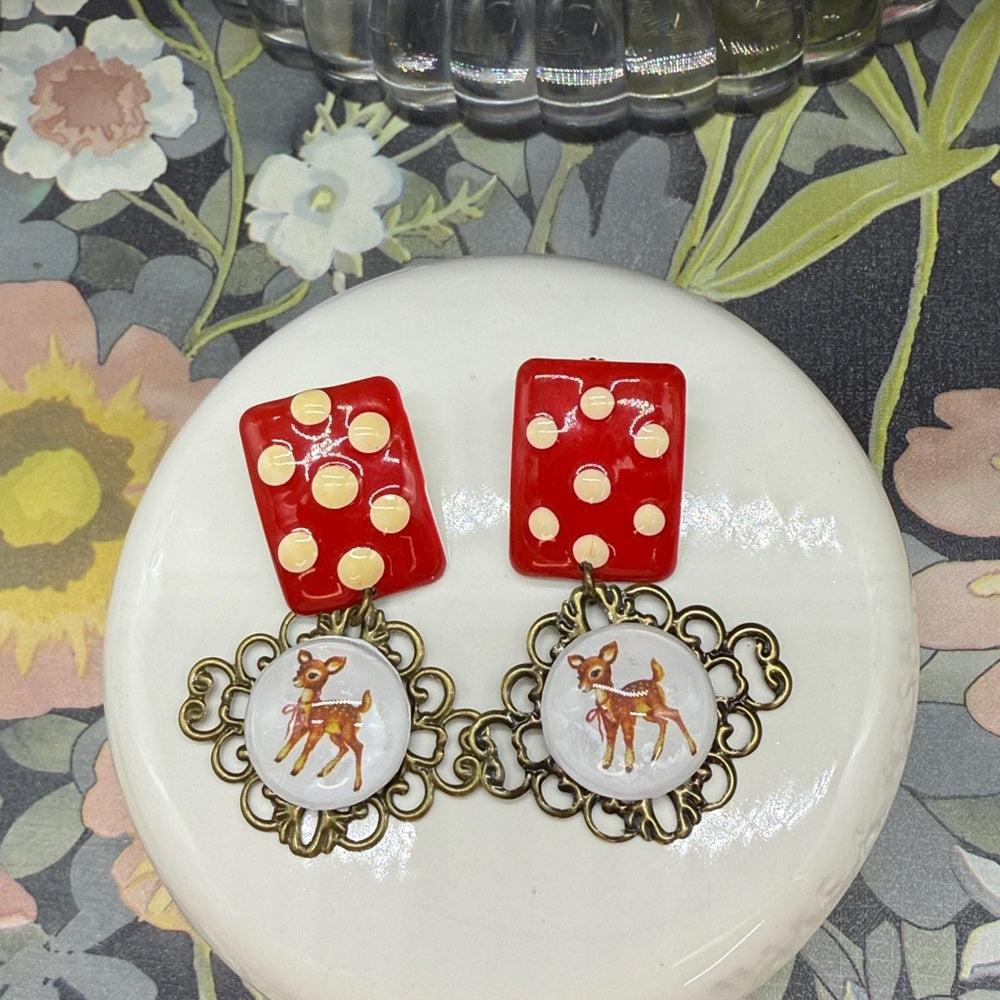 Adorned Crown Jewelry assemblage Christmas polka dot deer drop post earrings