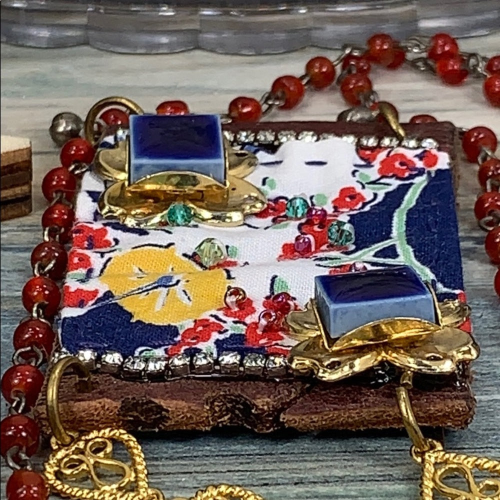 Adorned Crown artisan assemblage crazy quilted leather boho bead necklace
