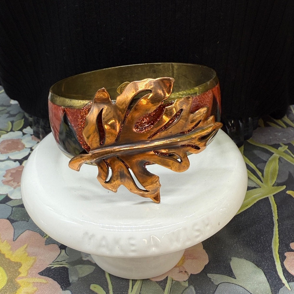 Adorned Crown Jewelry assemblage brass leaf inlaid fall autumn bangle bracelet
