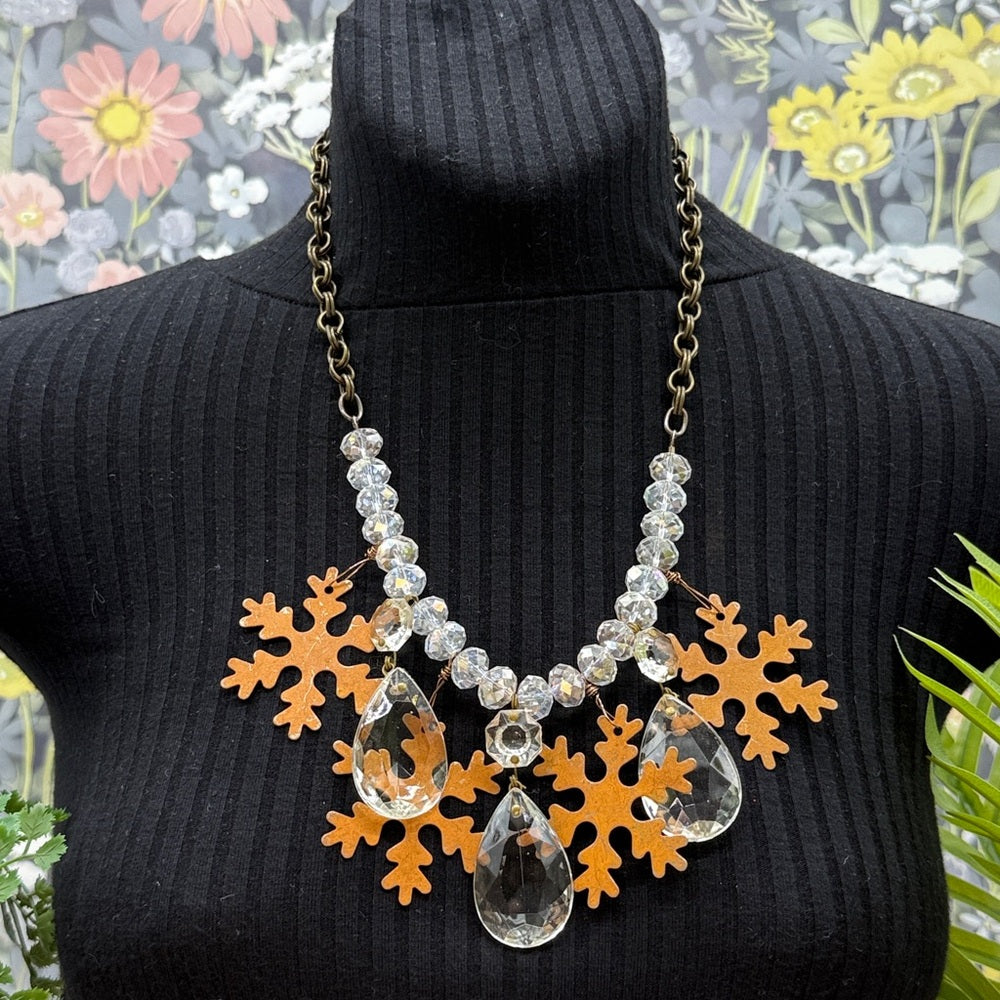 Adorned Crown Jewelry assemblage Christmas rusty snowflake crystal necklace