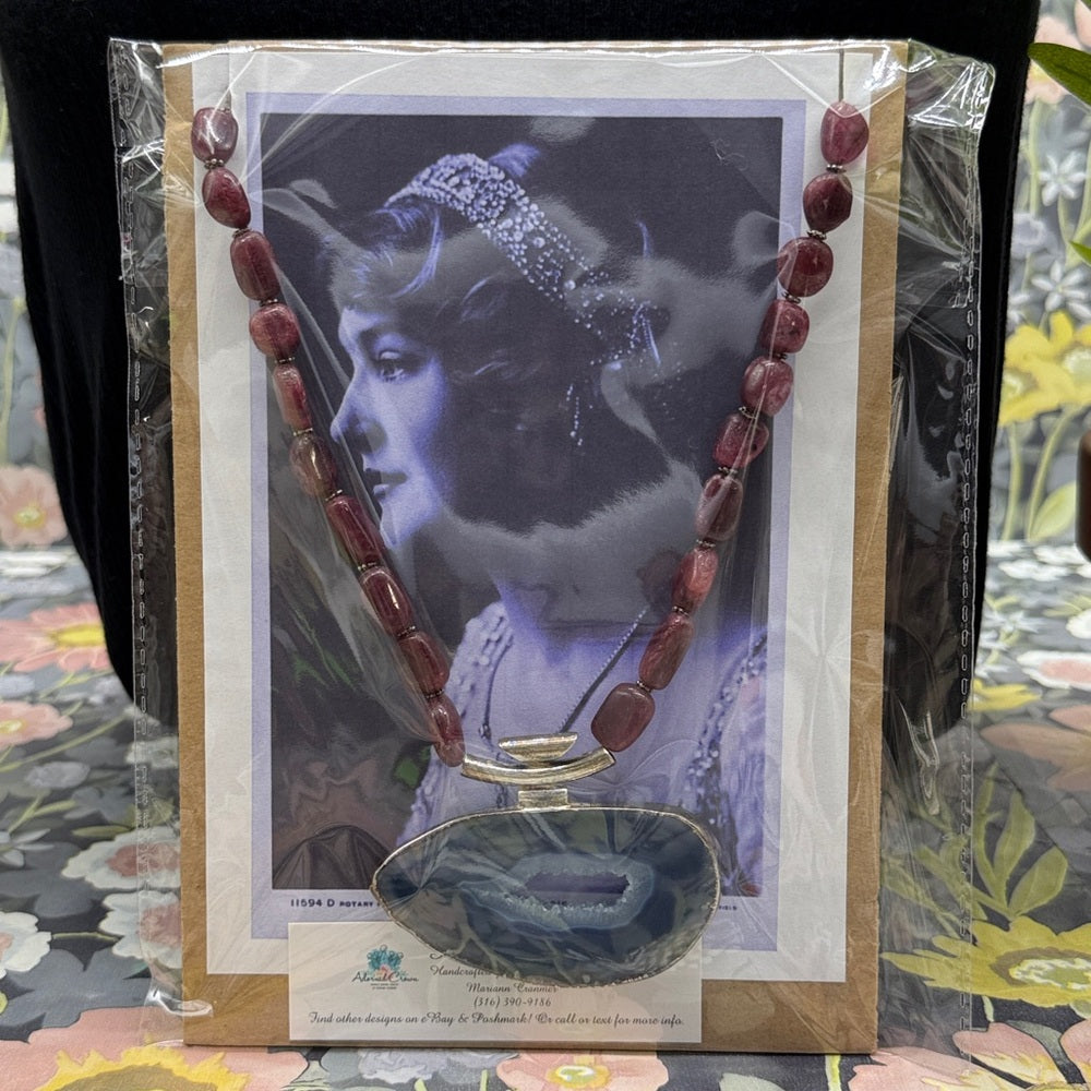 Adorned Crown Jewelry assemblage natural ruby blue agate slice necklace