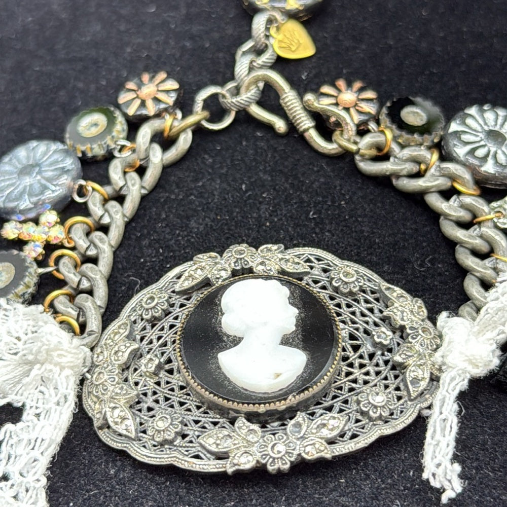 Adorned Crown Jewelry assemblage cameo marcasite charm bracelet be still know