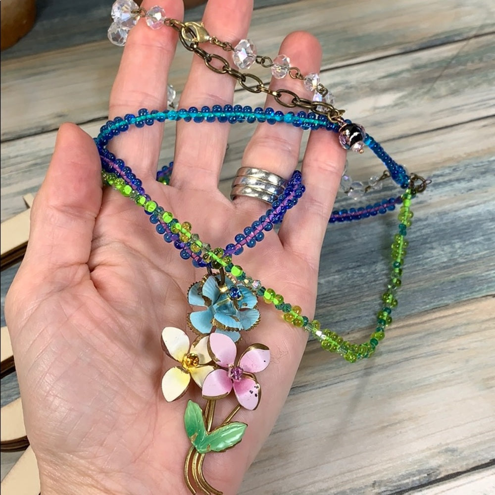 Adorned Crown artisan assemblage enamel flower glass bead 3 strand necklace