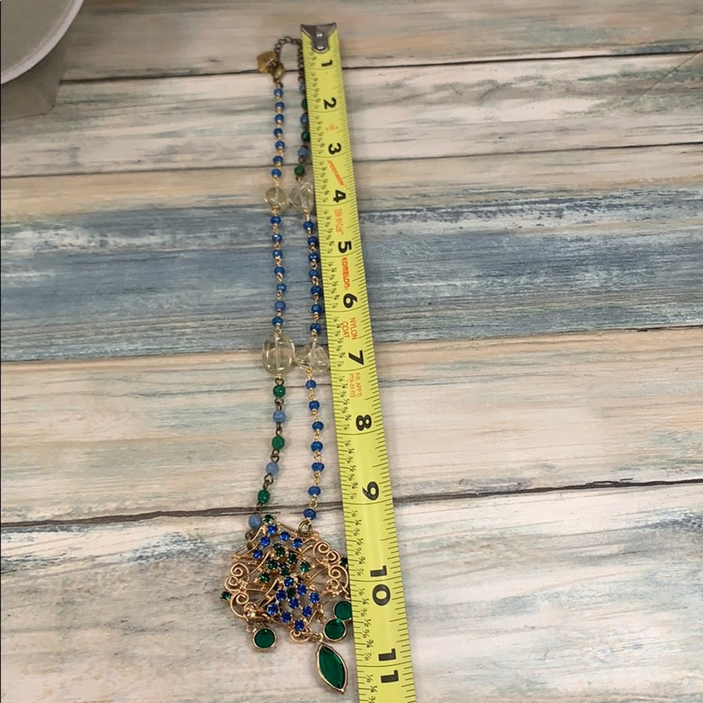 Adorned Crown artisan assemblage green rhinestone drop necklace