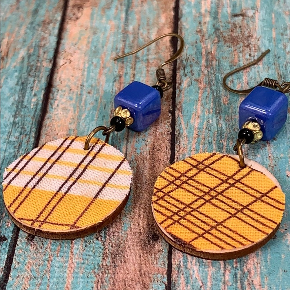 Adorned Crown vintage fabric wood disc earrings Yellow brown lightweight