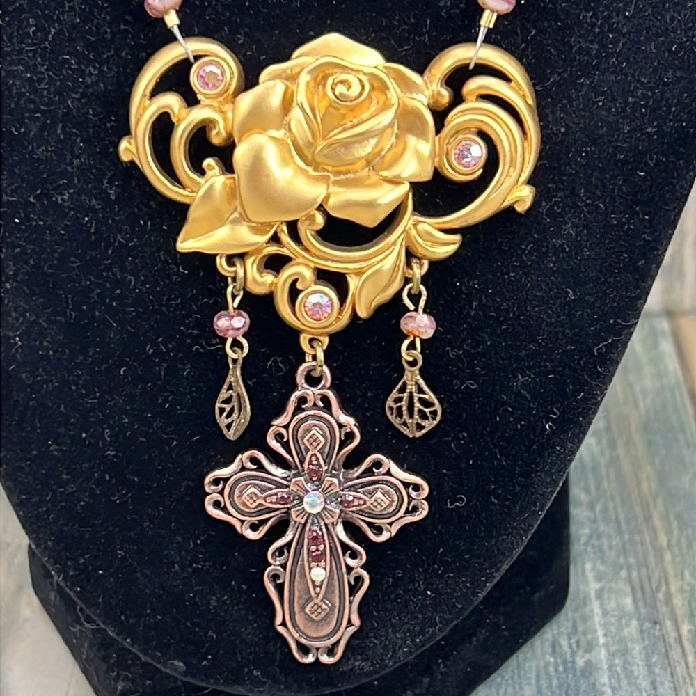 Adorned Crown Artisan Assemblage pink crystal golden rose cross necklace