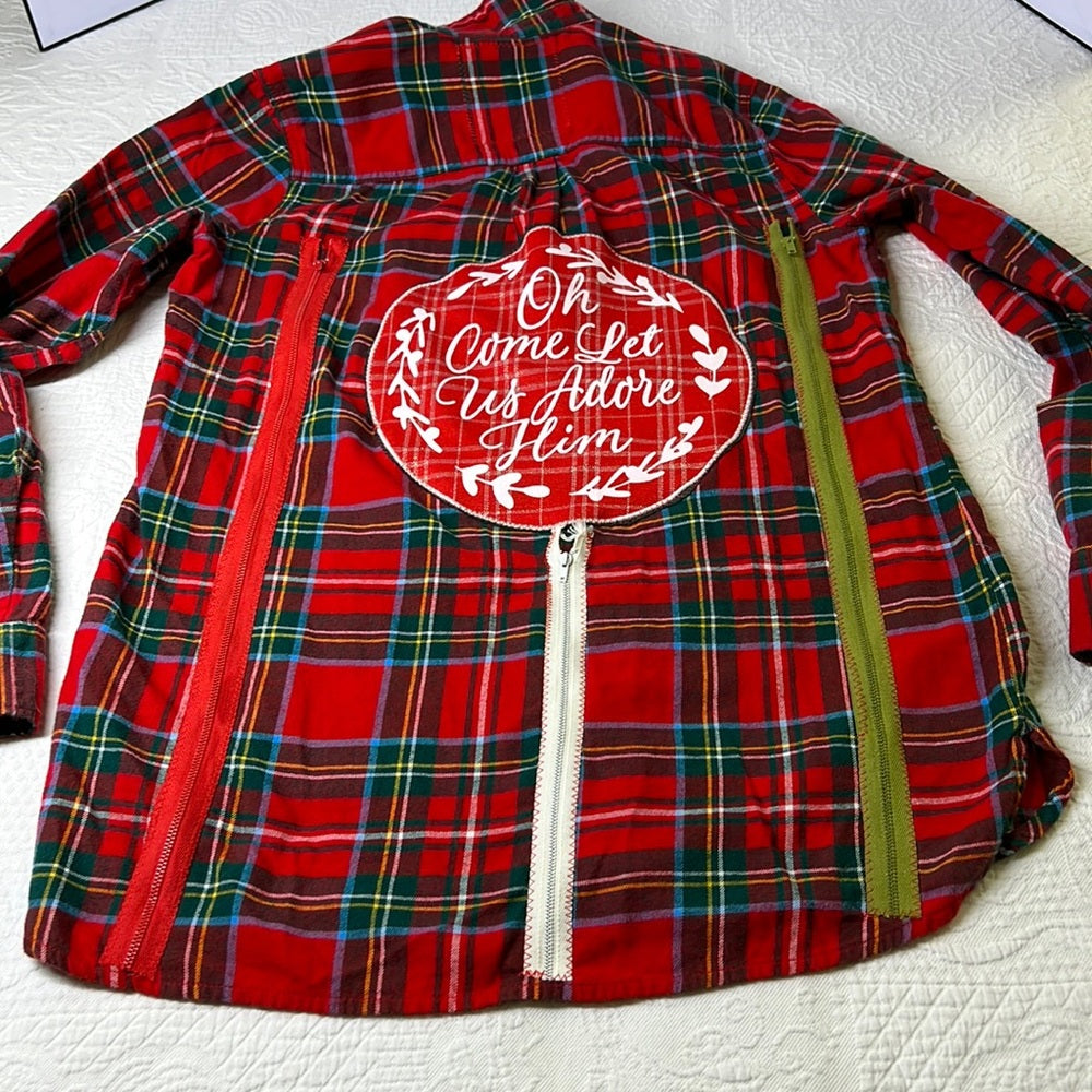 Adorned Crown Textile altered custom flannel Oh Come let us Adore Him shirt