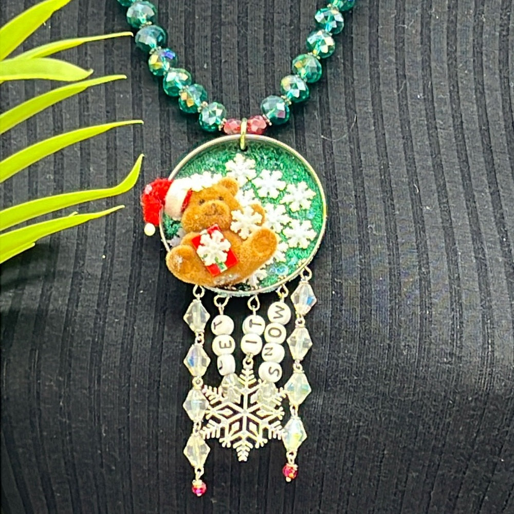 Adorned Crown Jewelry assemblage Christmas let it snow teddy bear necklace