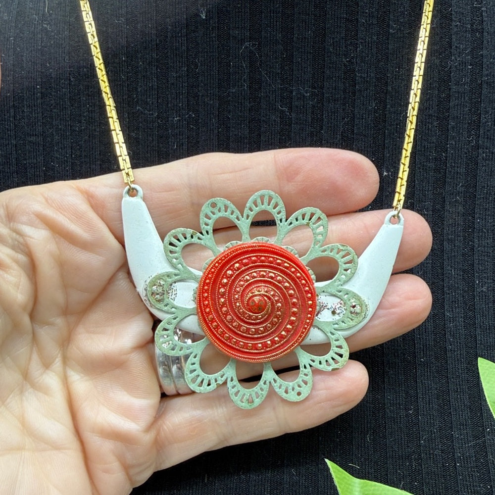 Adorned Crown Jewelry assemblage flower enamel red glass button necklace