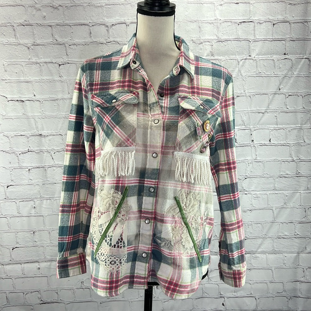 Adorned Crown Textiles altered flannel “Jesus is the reason…Season” size XS