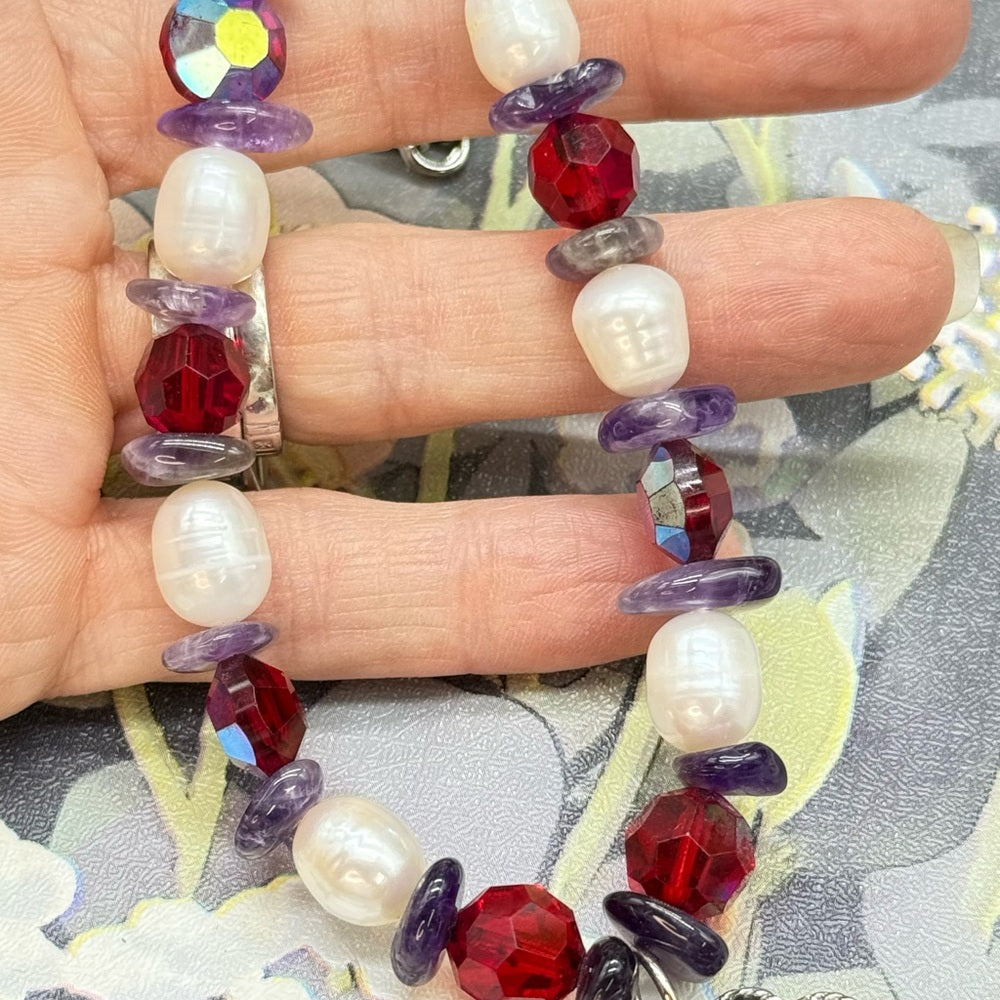 Adorned Crown Jewelry assemblage amethyst pearl red crystal pendant necklace