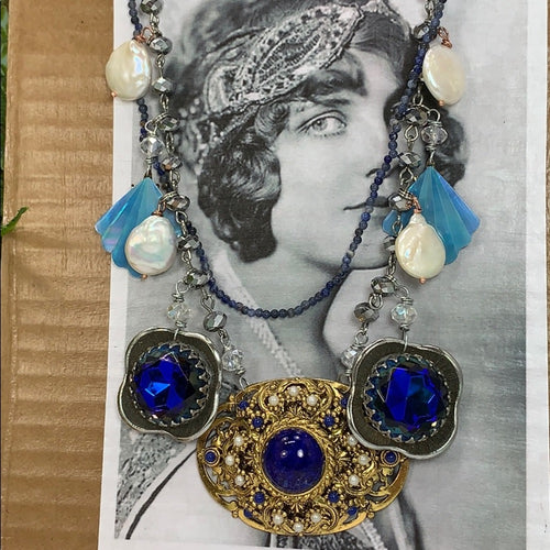 Adorned Crown artisan assemblage blue elements Pearl 2 strand necklace