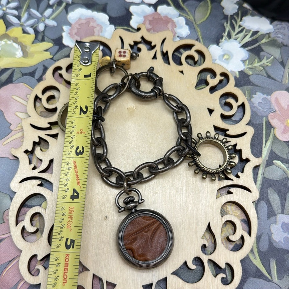 Adorned Crown Jewelry assemblage mixed metal leather steampunk charm bracelet