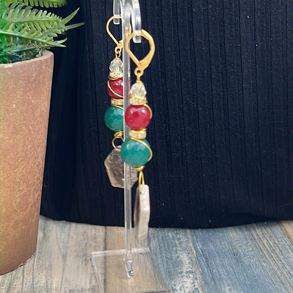 Adorned Crown Artisan Assemblage wire wrapped stone bead slice drop earrings