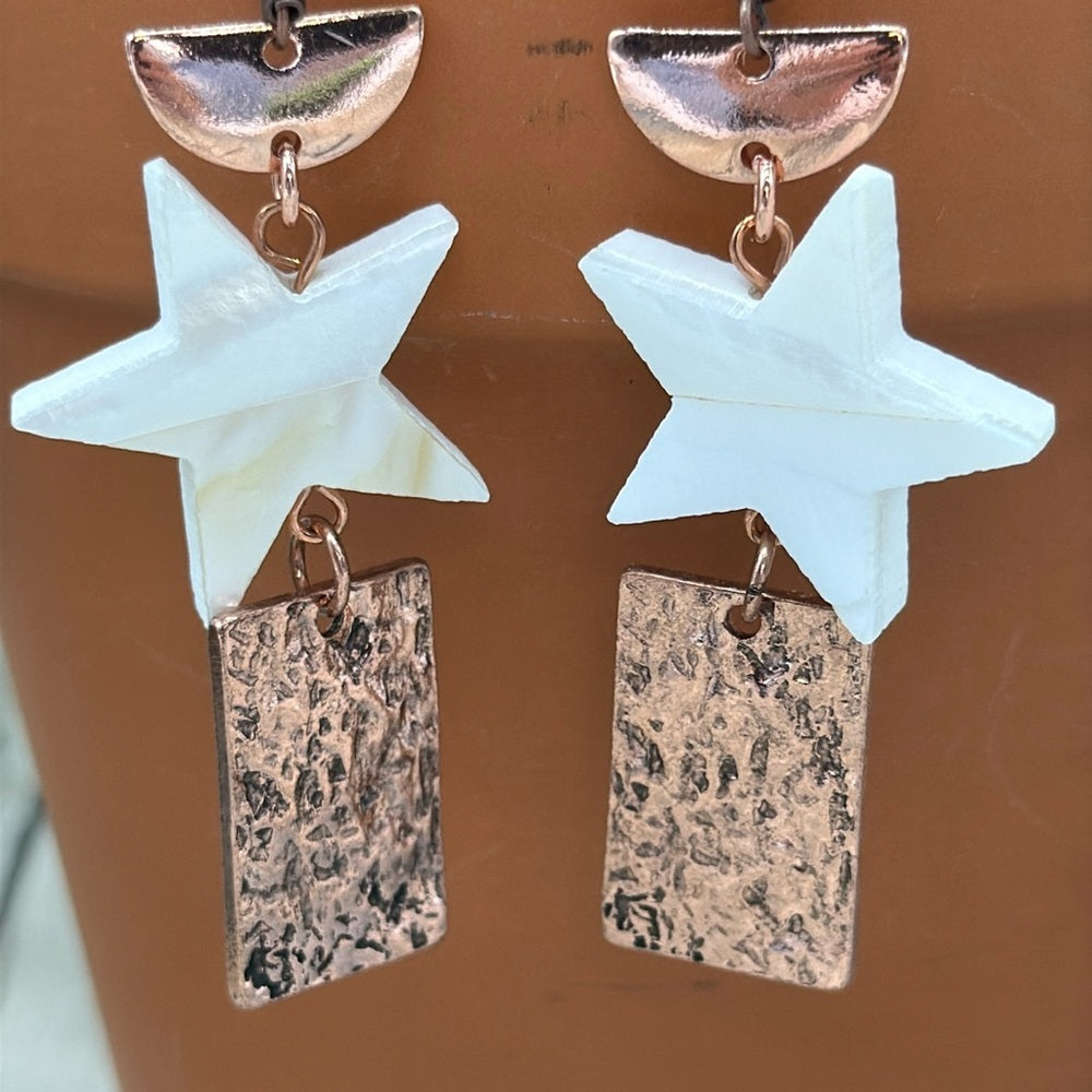 Adorned Crown Jewelry assemblage copper mother of pearl star earrings
