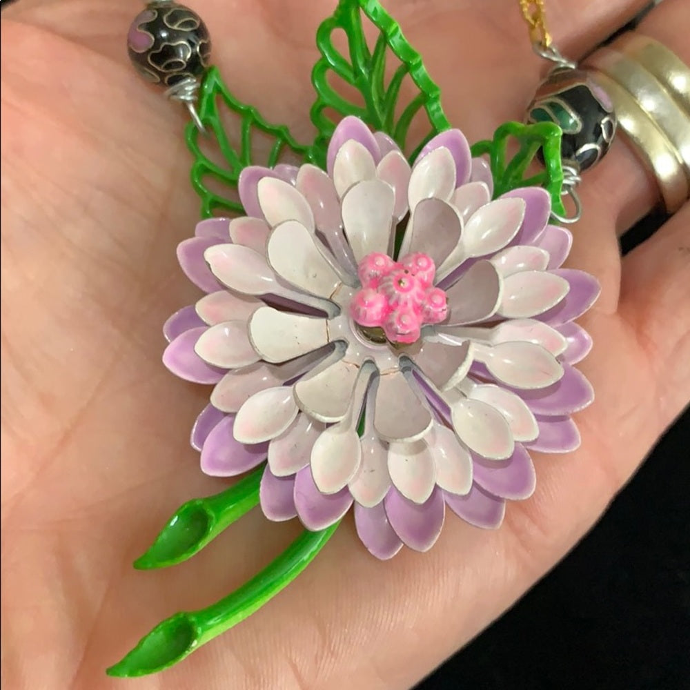 Adorned Crown artisan assemblage dahlia enamel flower necklace