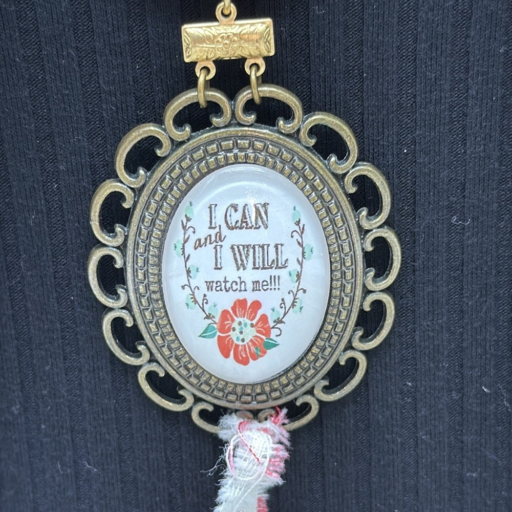 Adorned Crown Jewelry assemblage button bezel I can I will watch me necklace