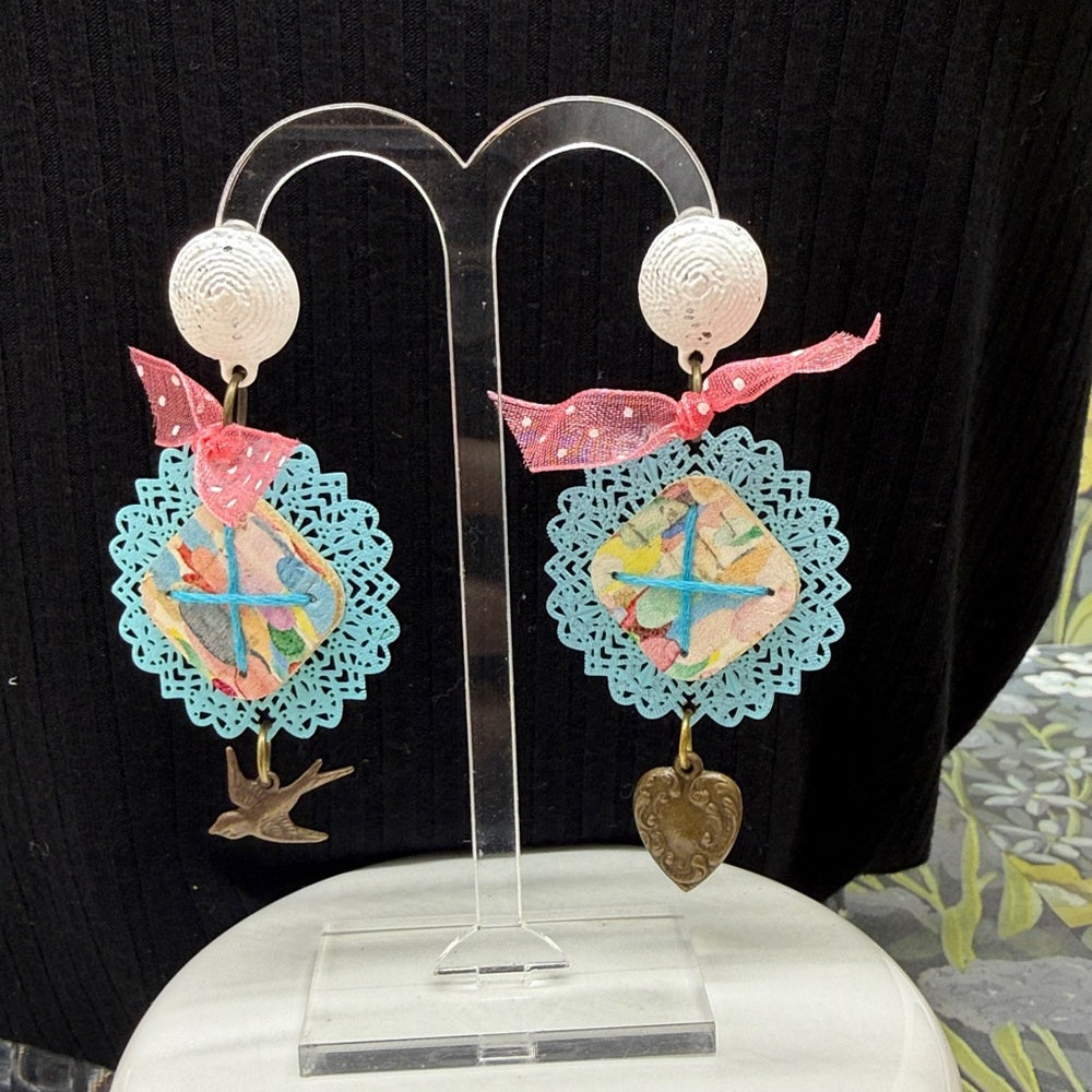 Adorned Crown Jewelry assemblage teal multi color bird heart earrings