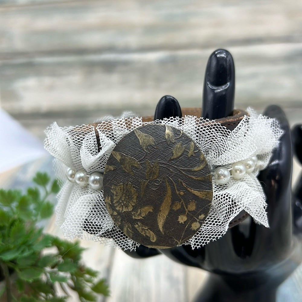 Adorned Crown Jewelry artisan assemblage lace textured metal leather cuff #1