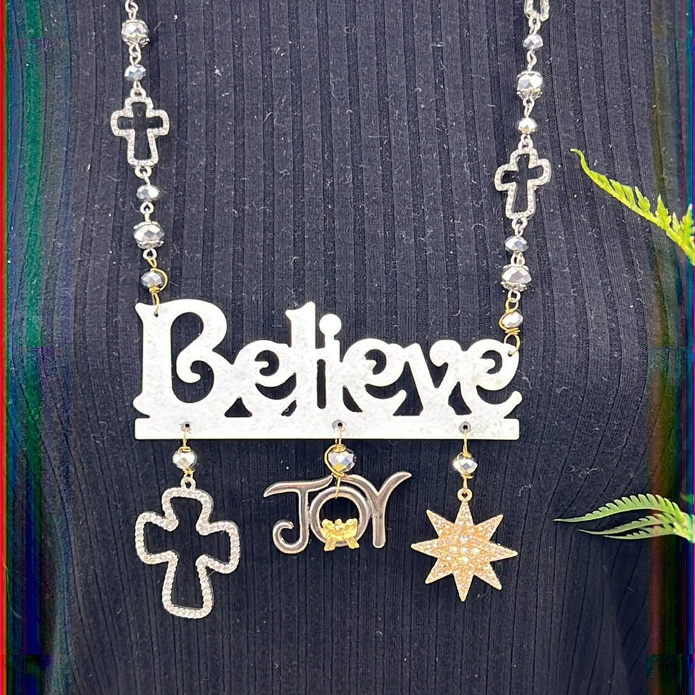 Adorned Crown Artisan Assemblage believe in the joy of Christmas necklace