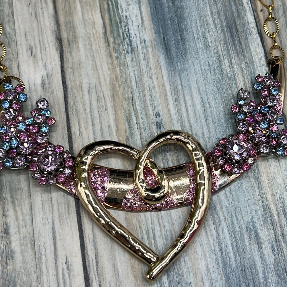 Adorned Crown Jewelry pink blue rhinestone heart bib necklace